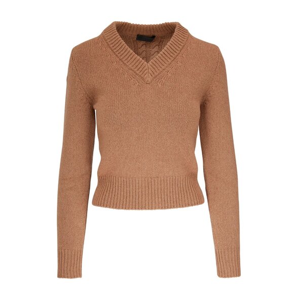 Nili Lotan Cornwall Camel V-Neck Sweater Knit Brown Tan Designer Classic Large - Picture 1 of 13
